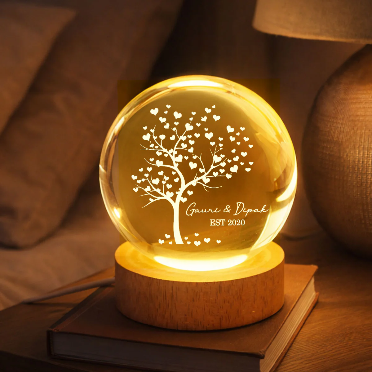 Tree Of Love Couple - Personalized Crystal Ball LED Night Light - Anniversary, Valentine's Day Gift, Gift For Him, Gift For Her - Image 5