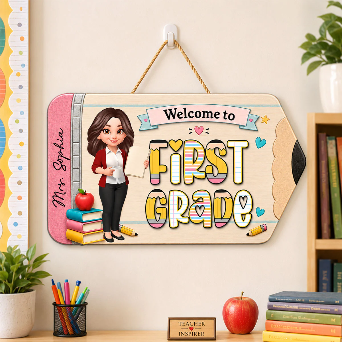 Trending First Grade With Teacher Welcome To Classroom - Personalized Wood Sign - Back To School, Classroom Decor - Image 2
