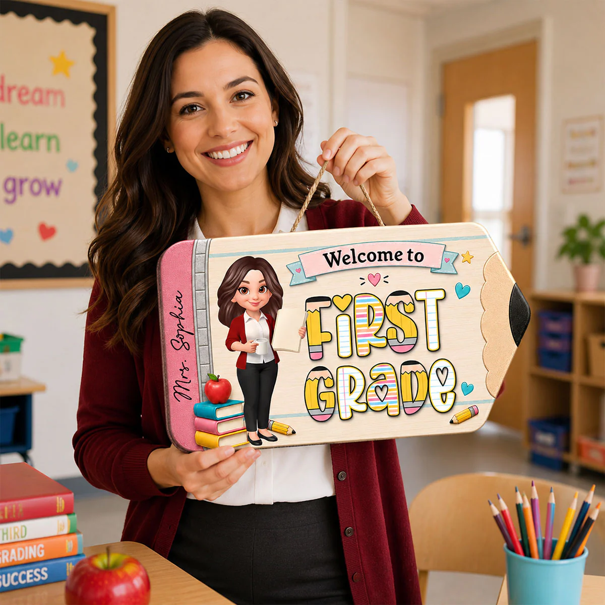 Trending First Grade With Teacher Welcome To Classroom - Personalized Wood Sign - Back To School, Classroom Decor - Image 6