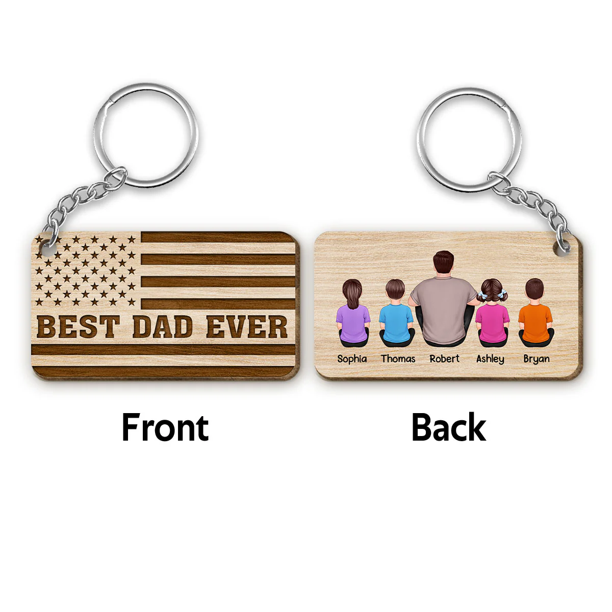 TRENDINGCUSTOM Best Dad Ever Flag Back View Man Kids Dog Cat Personalized Wooden Keychain
