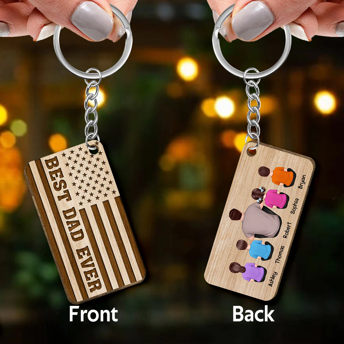 TRENDINGCUSTOM Best Dad Ever Flag Back View Man Kids Dog Cat Personalized Wooden Keychain - Image 3
