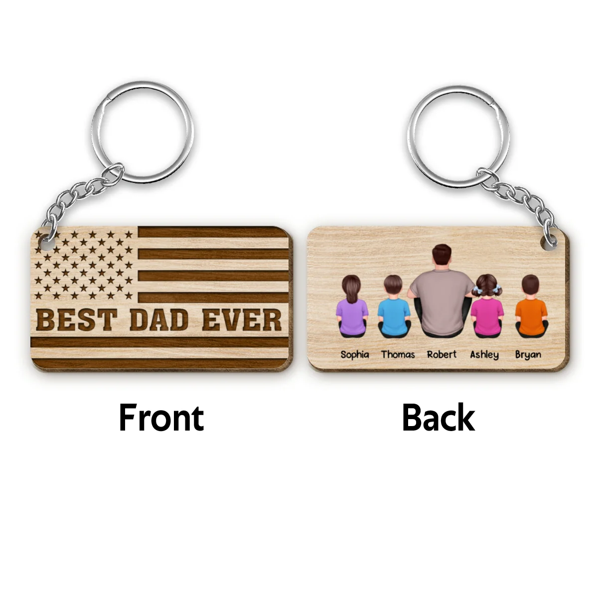TRENDINGCUSTOM Best Dad Ever Flag Back View Man Kids Dog Cat Personalized Wooden Keychain - Image 4