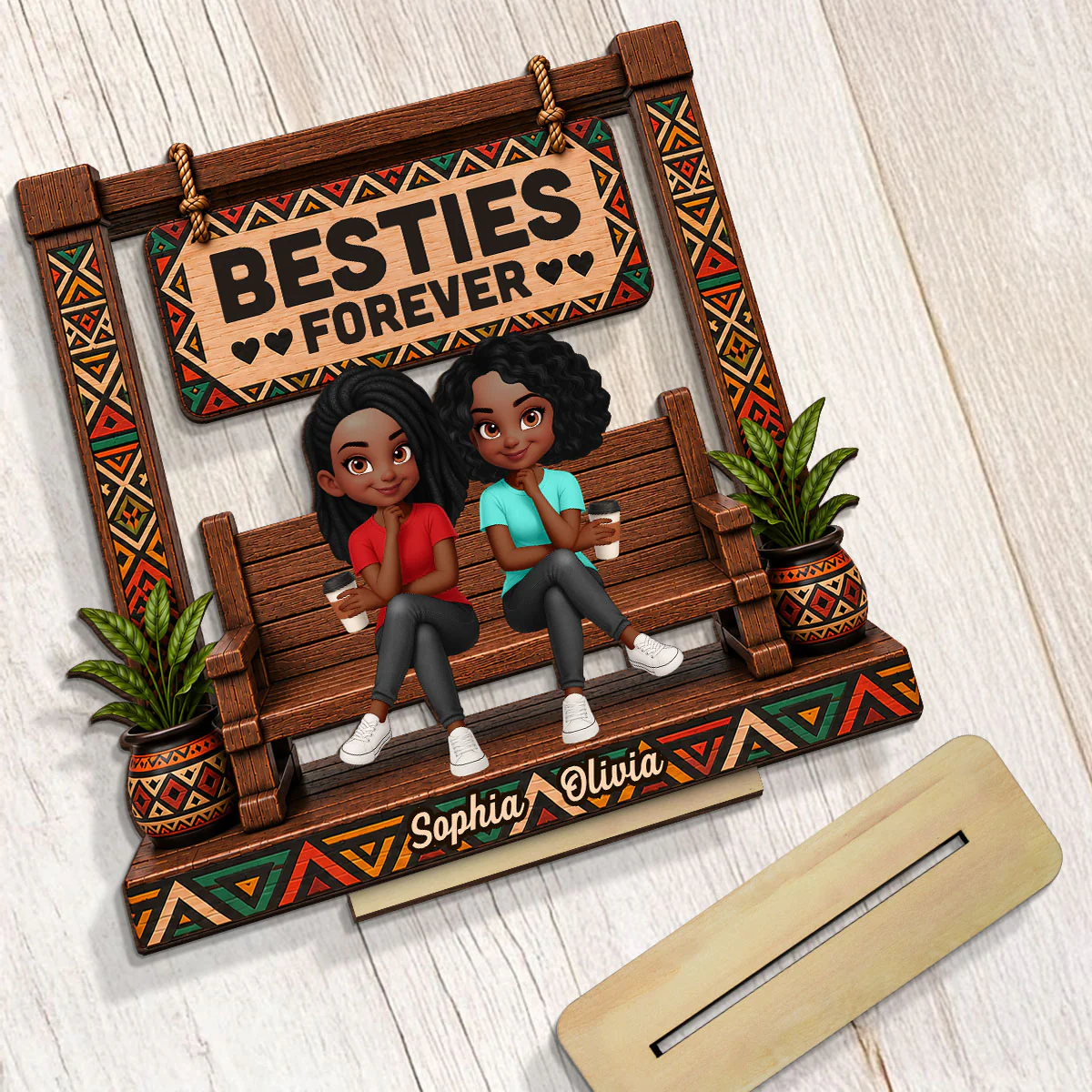 Tribal Patterns Besties Forever - Personalized 2-Layered Wooden Plaque - Birthday Gift, Gift For Best Friends - Image 5