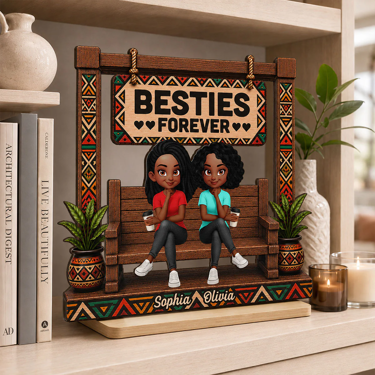 Tribal Patterns Besties Forever - Personalized 2-Layered Wooden Plaque - Birthday Gift, Gift For Best Friends - Image 6