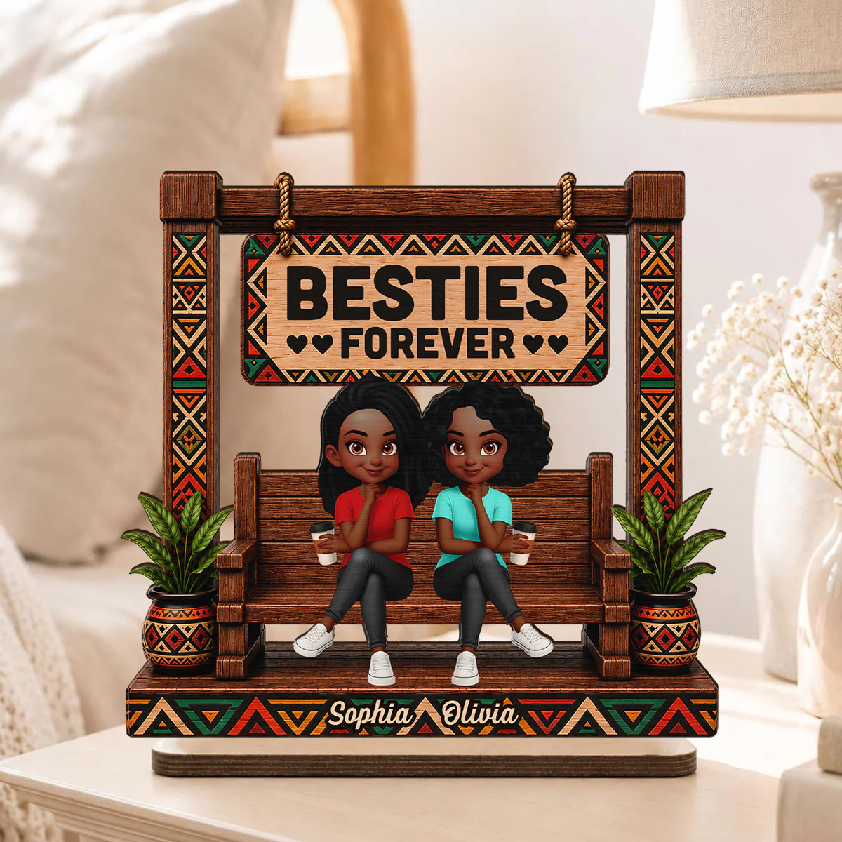 Tribal Patterns Besties Forever - Personalized 2-Layered Wooden Plaque - Birthday Gift, Gift For Best Friends - Image 7