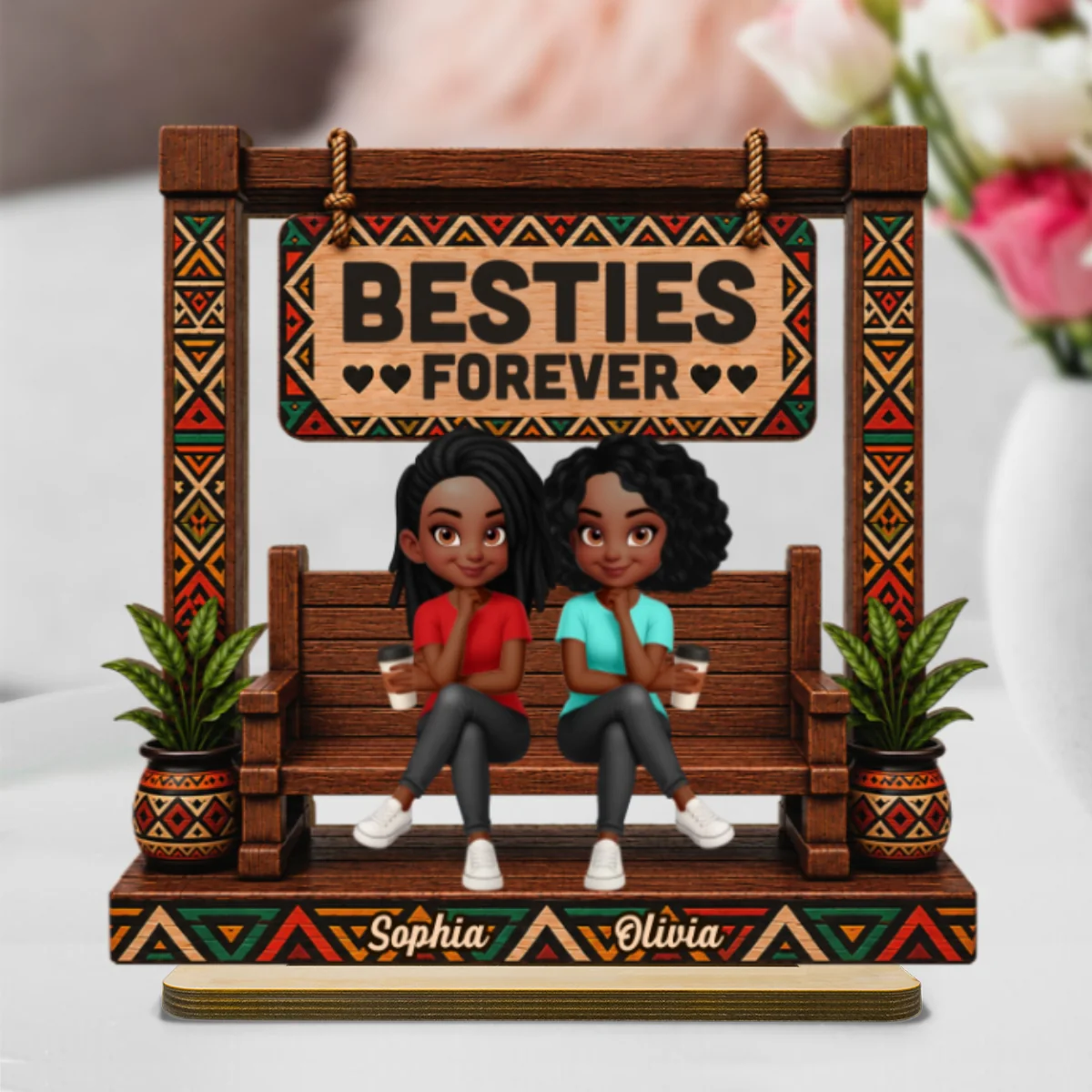 Tribal Patterns Besties Forever - Personalized 2-Layered Wooden Plaque - Birthday Gift, Gift For Best Friends - Image 8