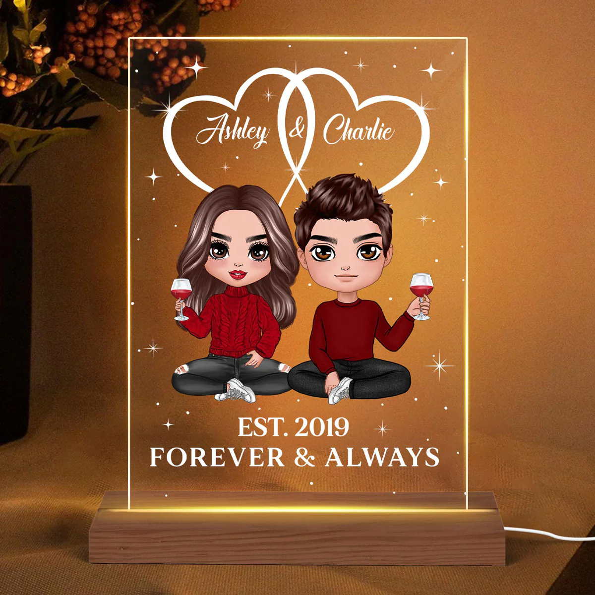 Two Heart Joined Together Couple Sitting Personalized Plaque LED Night Light