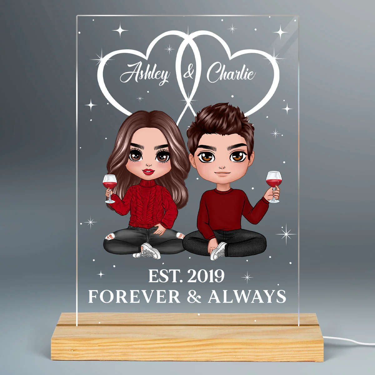 Two Heart Joined Together Couple Sitting Personalized Plaque LED Night Light - Image 2
