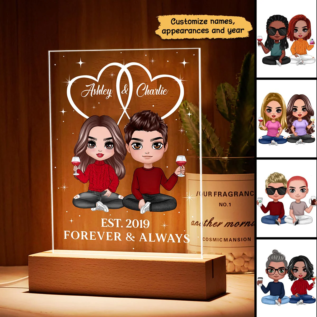 Two Heart Joined Together Couple Sitting Personalized Plaque LED Night Light - Image 3