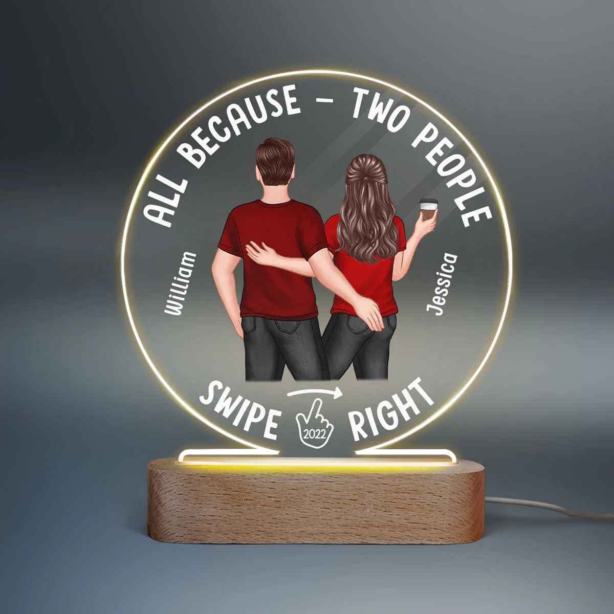 Two People Swipe Right Couple Dating App Personalized Circle LED Night Light, Acrylic LED Lamp, Valentine‘s Day Gift For Him, Gift For Her - Image 2
