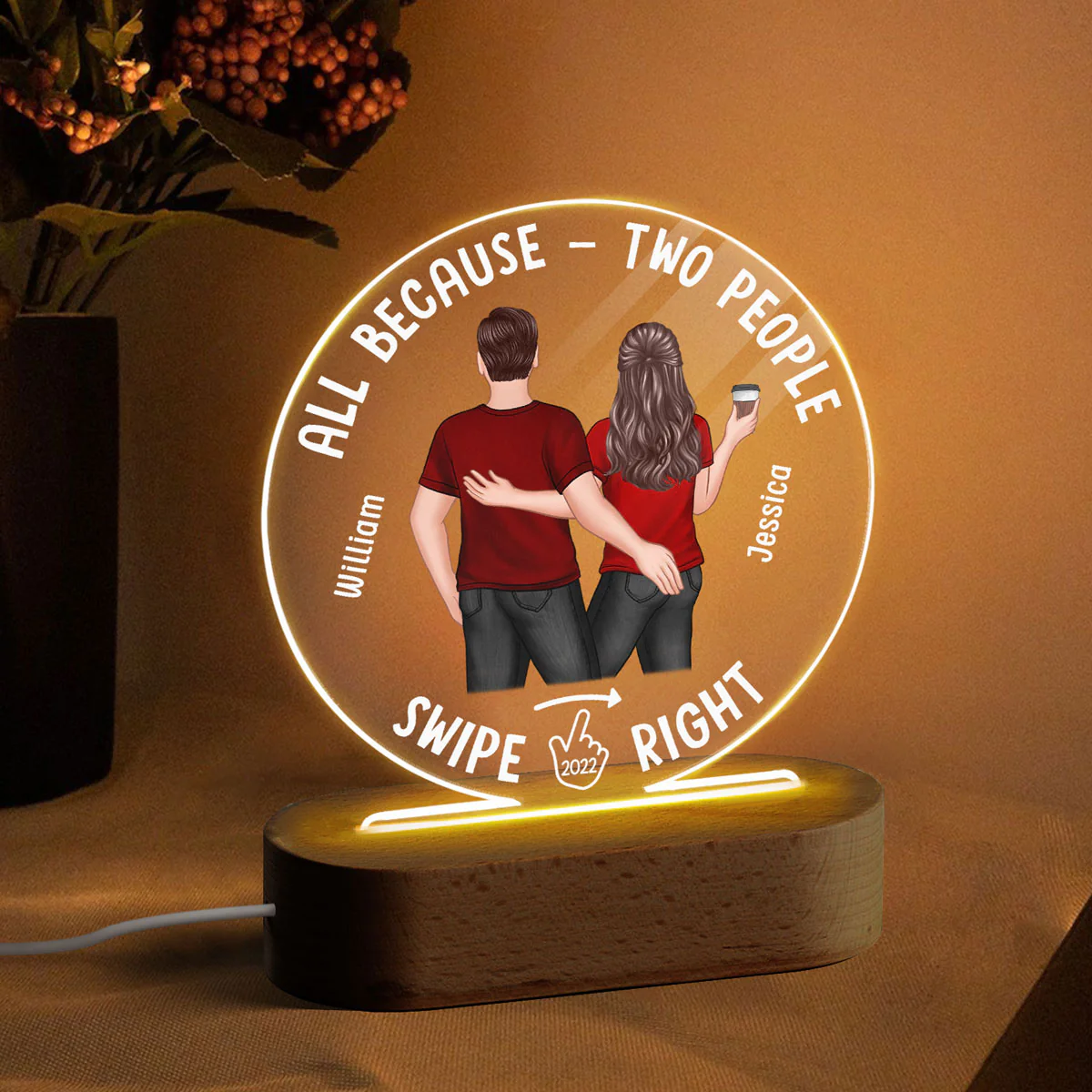 Two People Swipe Right Couple Dating App Personalized Circle LED Night Light, Acrylic LED Lamp, Valentine‘s Day Gift For Him, Gift For Her - Image 3