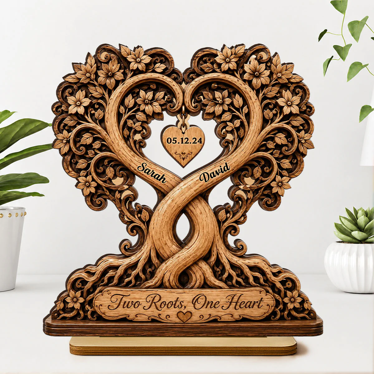 Two Roots One Heart Couple - Personalized 2-Layered Wooden Plaque - Heartfelt Anniversary Gift for Her, for Him - Image 3