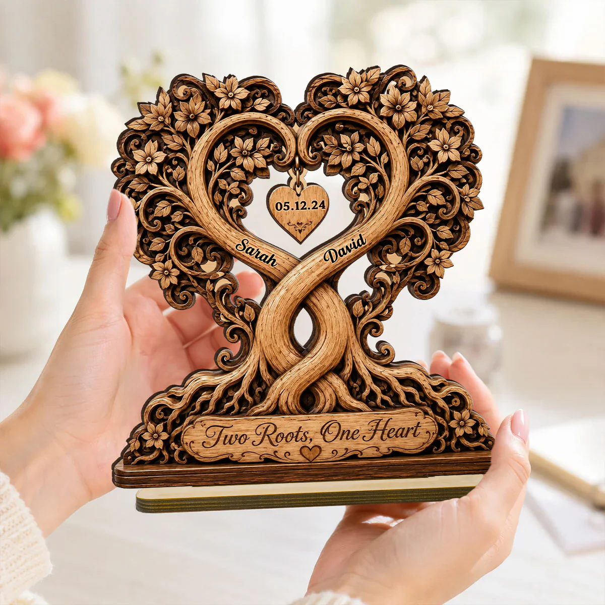 Two Roots One Heart Couple - Personalized 2-Layered Wooden Plaque - Heartfelt Anniversary Gift for Her, for Him - Image 5