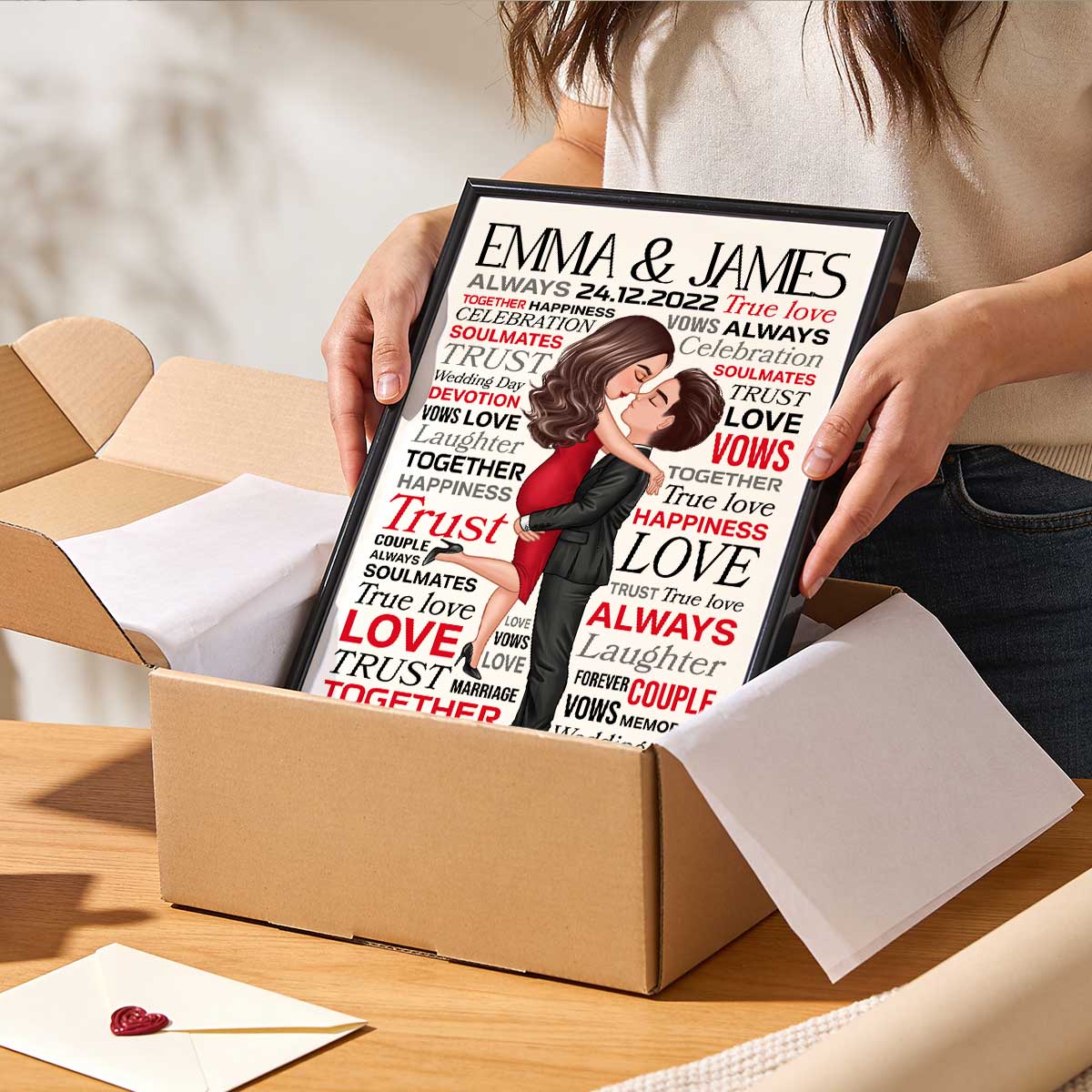 Typography Word Art Couple Hugging Kissing - Personalized Poster - Valentine's Day, Anniversary Gift For Her, Gift For Him - Image 2