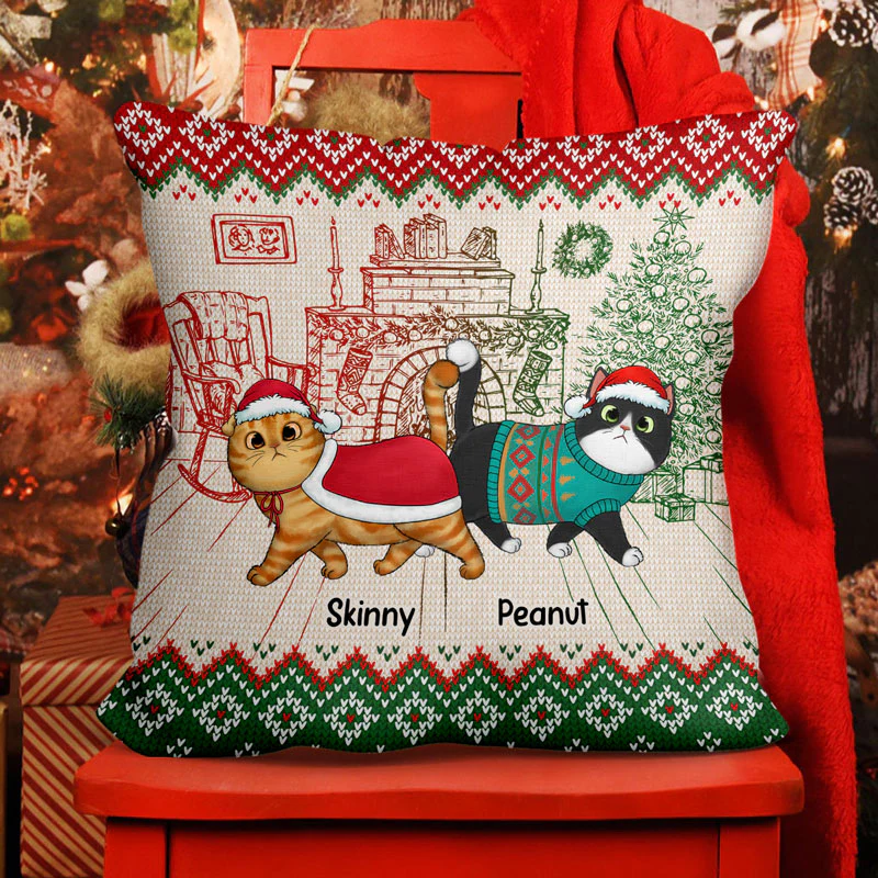 Ugly Sweater Pattern Walking Fluffy Cats Christmas Personalized Pillow (Insert Included) - Image 2