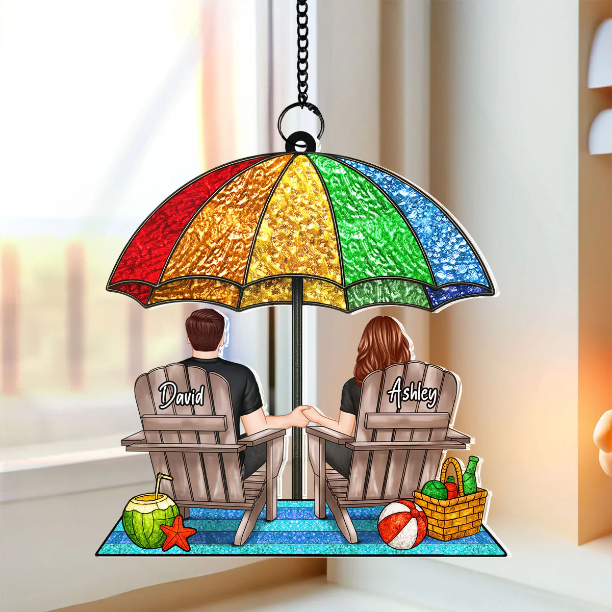 Under Beach Umbrella Happy Couple Personalized Suncatcher - Image 3