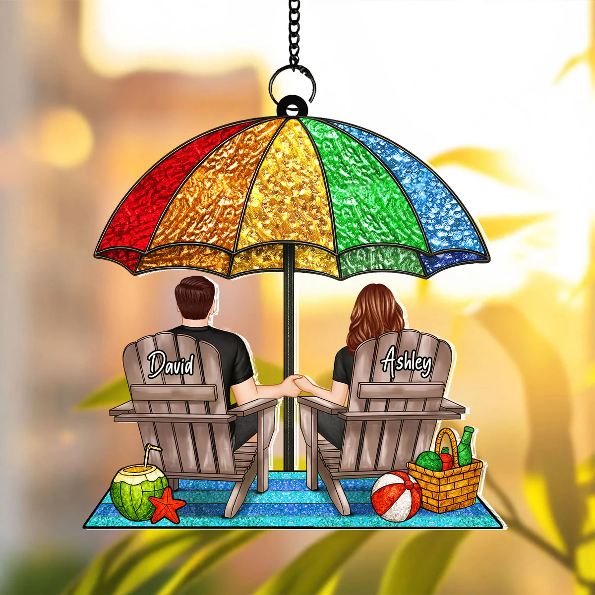 Under Beach Umbrella Happy Couple Personalized Suncatcher - Image 4