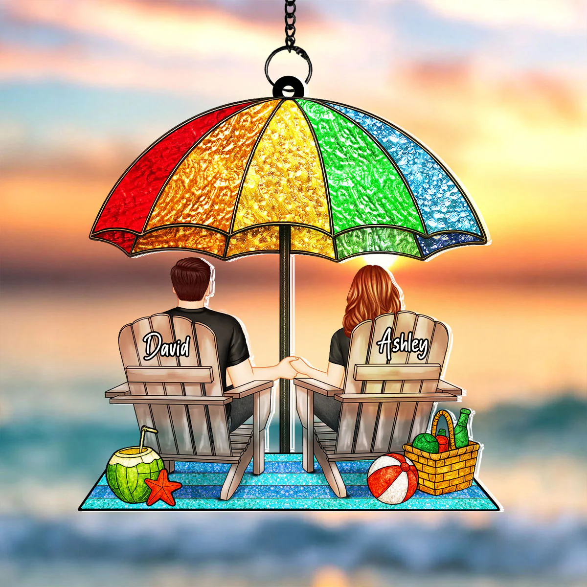 Under Beach Umbrella Happy Couple Personalized Suncatcher - Image 6
