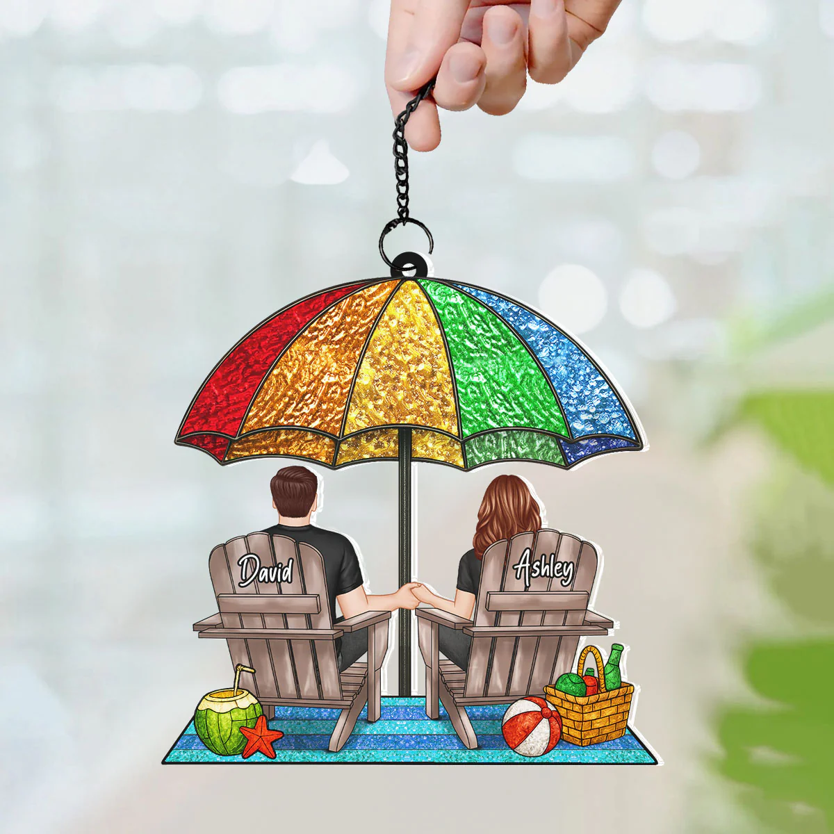 Under Beach Umbrella Happy Couple Personalized Suncatcher - Image 7