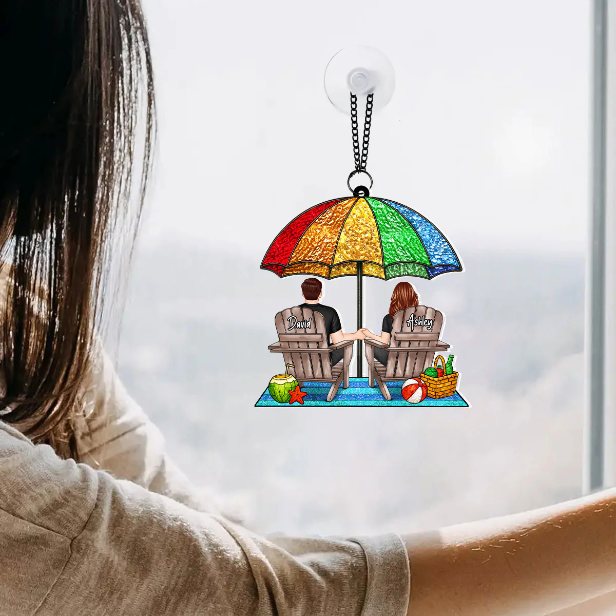 Under Beach Umbrella Happy Couple Personalized Suncatcher - Image 8