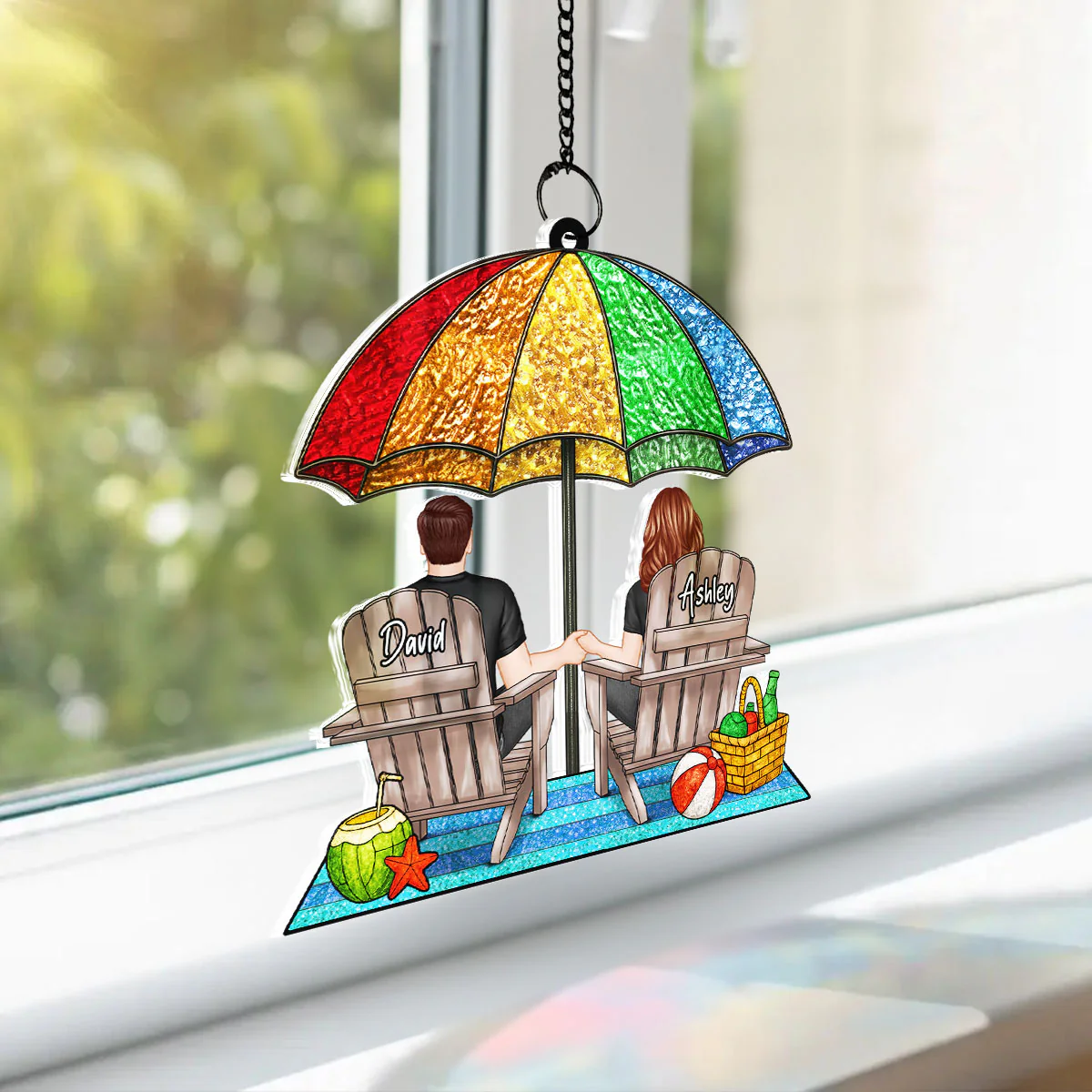 Under Beach Umbrella Happy Couple Personalized Suncatcher - Image 9