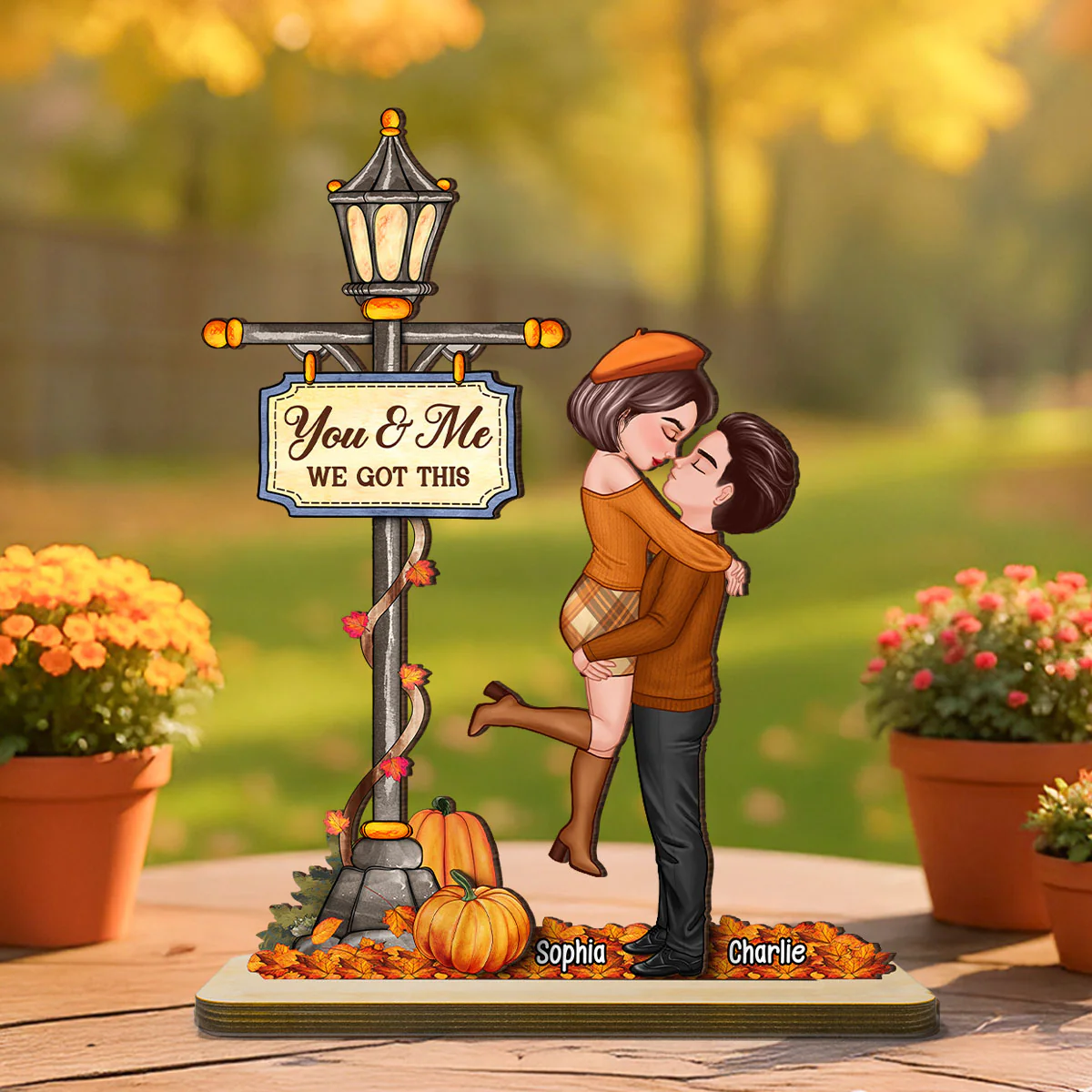 Under Lamp Post Fall Season Couple Kissing Personalized Standing Wooden Plaque - Image 2
