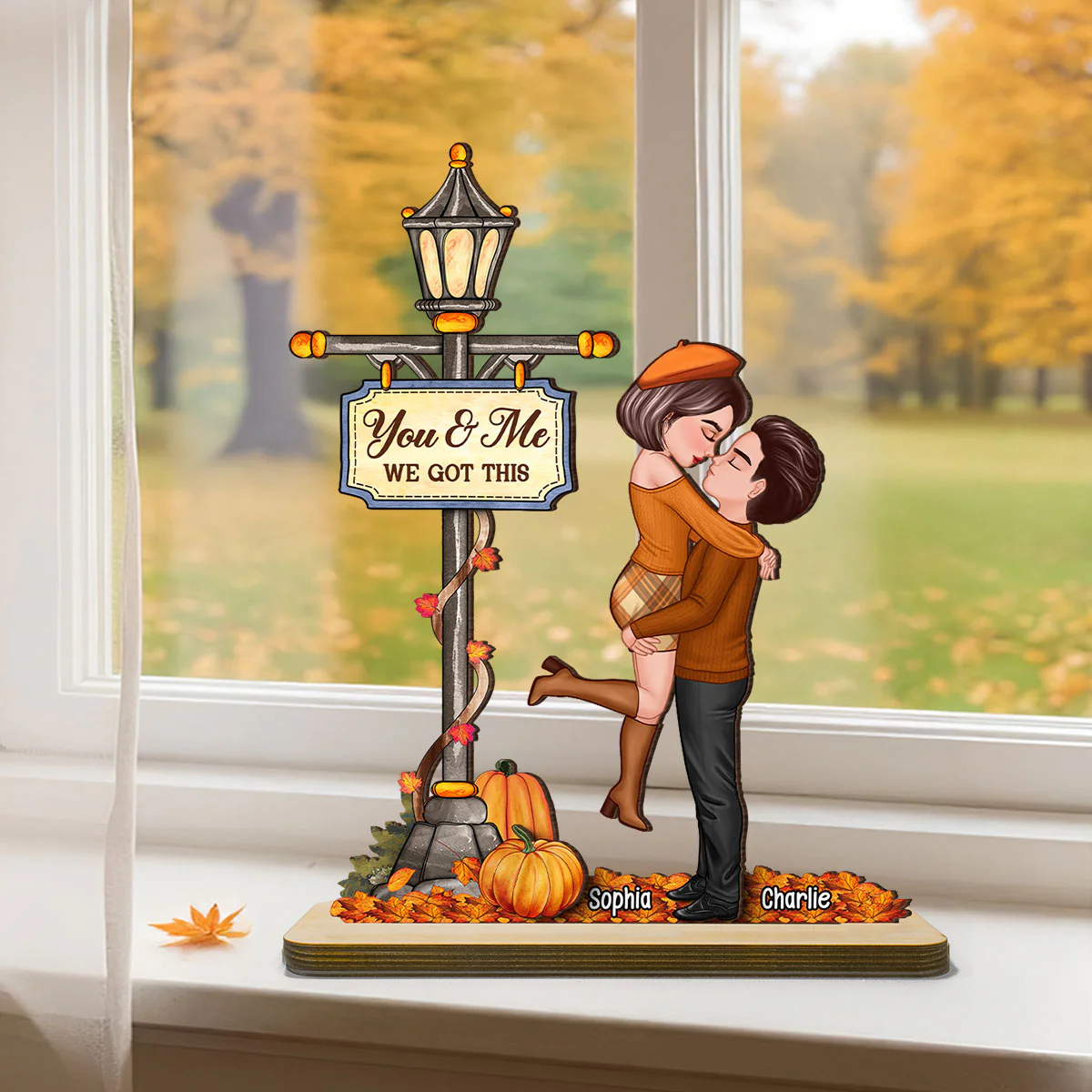Under Lamp Post Fall Season Couple Kissing Personalized Standing Wooden Plaque - Image 3