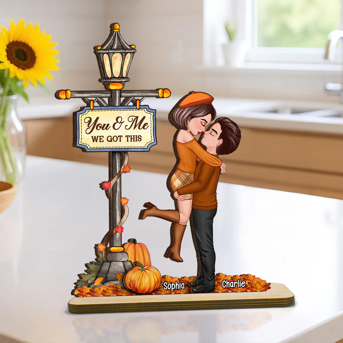Under Lamp Post Fall Season Couple Kissing Personalized Standing Wooden Plaque - Image 4