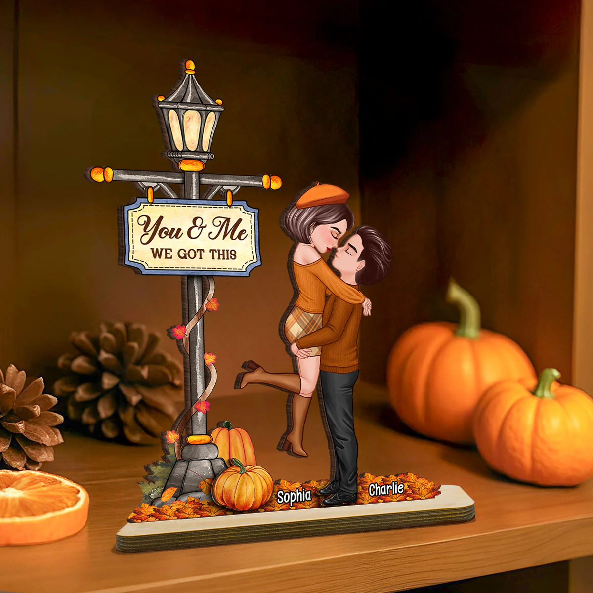 Under Lamp Post Fall Season Couple Kissing Personalized Standing Wooden Plaque - Image 5