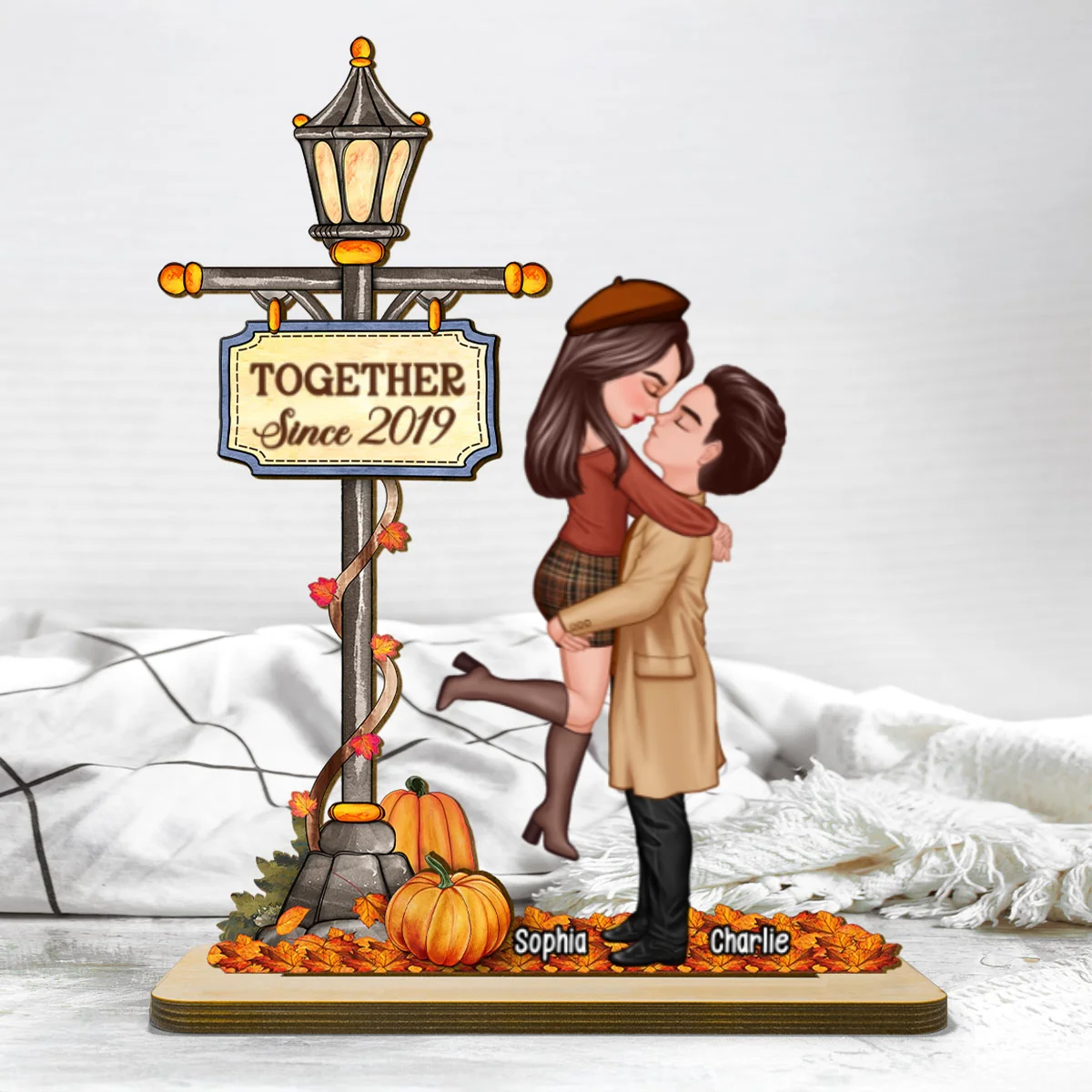 Under Lamp Post Fall Season Couple Kissing Personalized Standing Wooden Plaque - Image 8