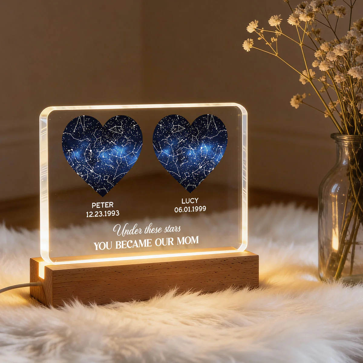 Under These Stars You Became My Mom, Custom Star Map by Date - Personalized Acrylic Block LED Night Light - Heartfelt Gift for Mom