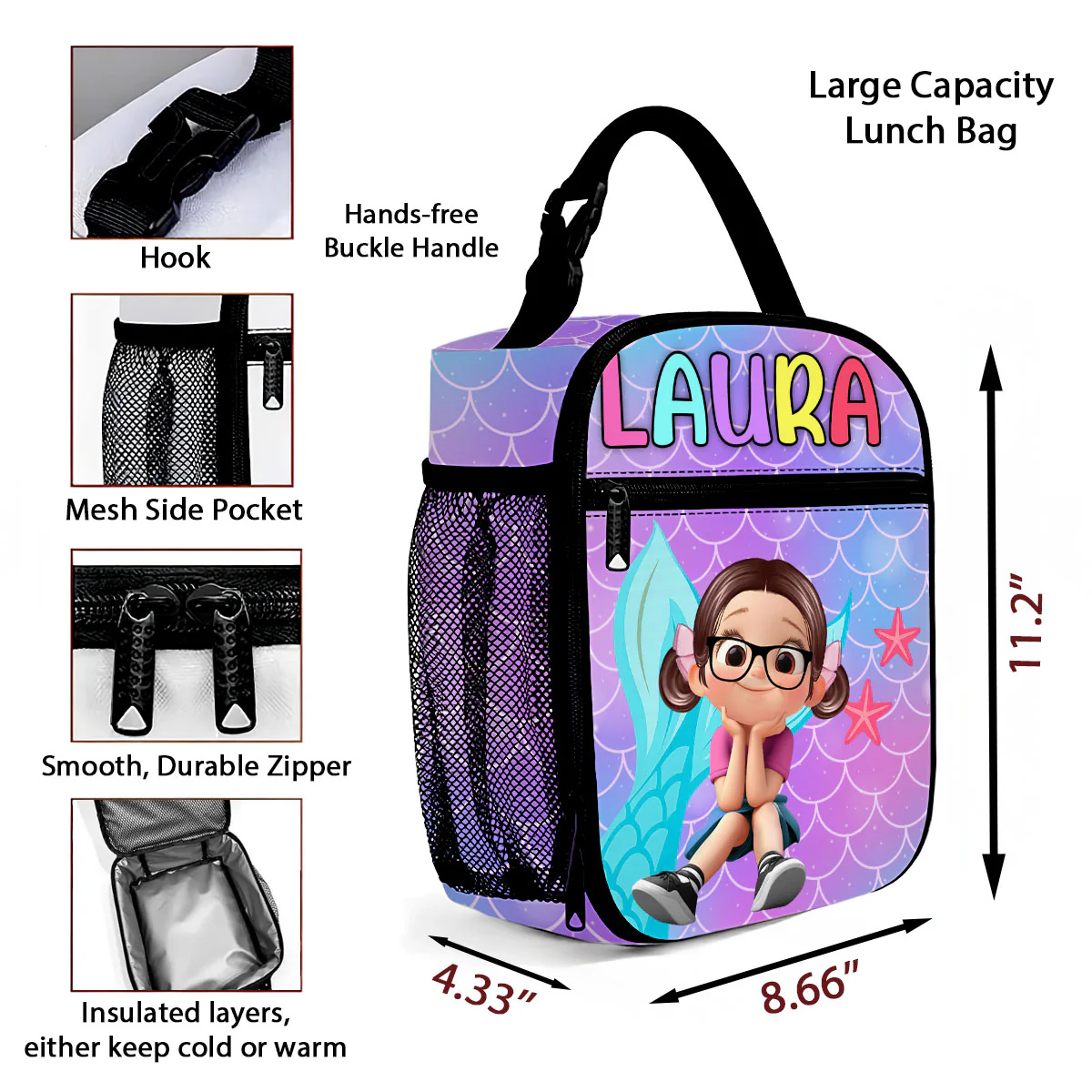 Unicorn Mermaid Theme Personalized Insulated Lunch Box for Girl Toddler, Keep Your Child’s Meals Fresh & Safe All Day - Image 9