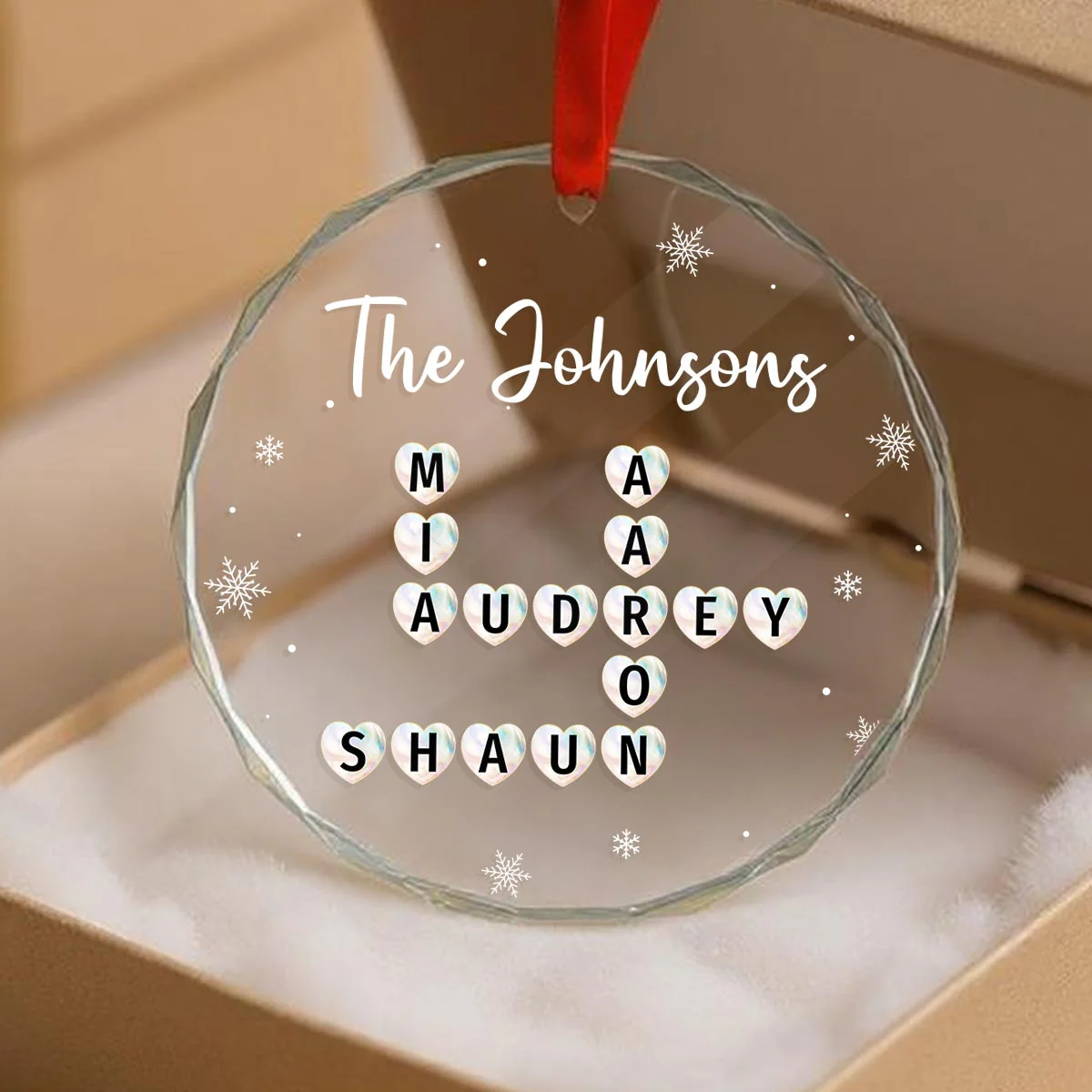 Unique Family Decor Beautiful Heart Crossword Puzzle Art Personalized Glass Ornament, Christmas Keepsake - Image 2