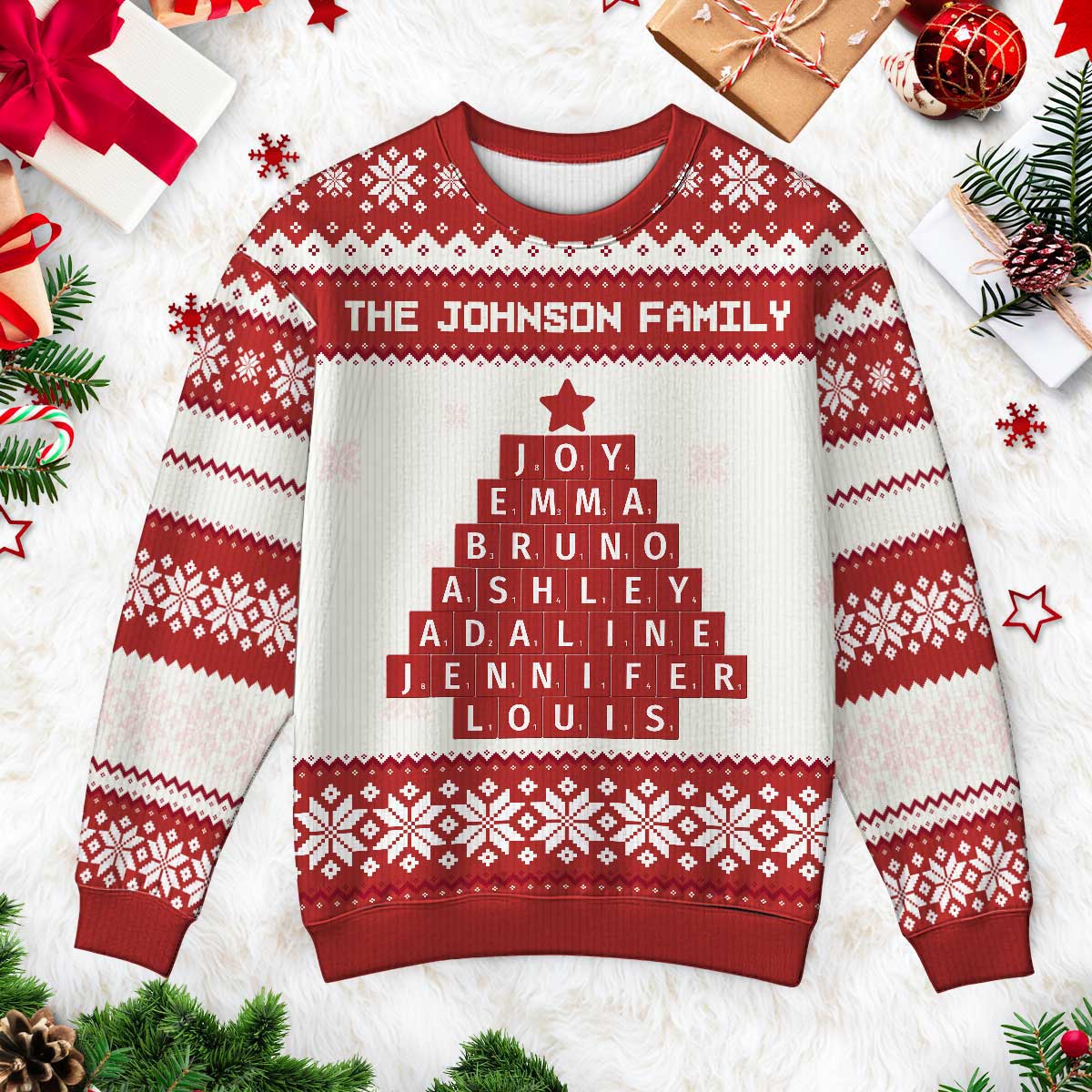 Unique Word Art Family Member Names Personalized Faux Knitting Ugly Sweater