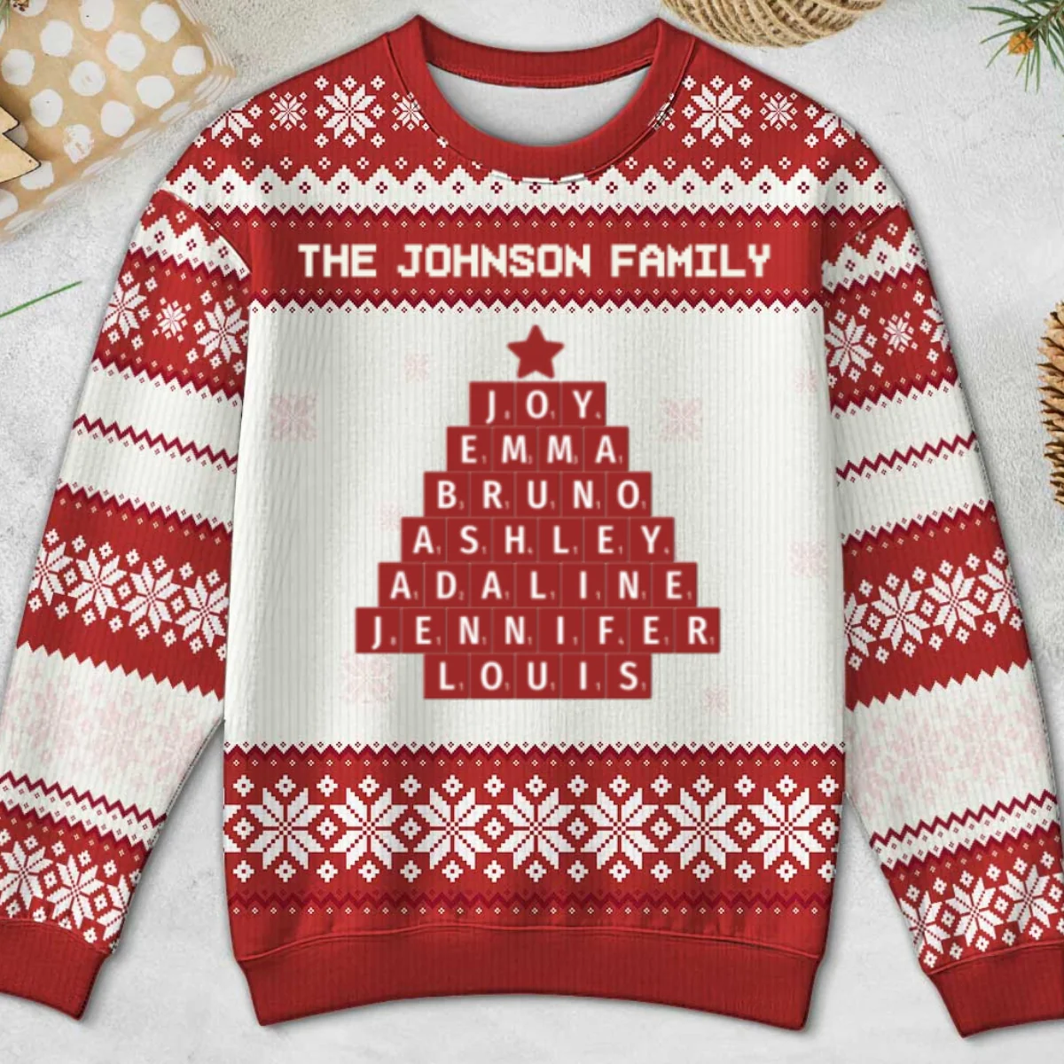 Unique Word Art Family Member Names Personalized Faux Knitting Ugly Sweater - Image 10