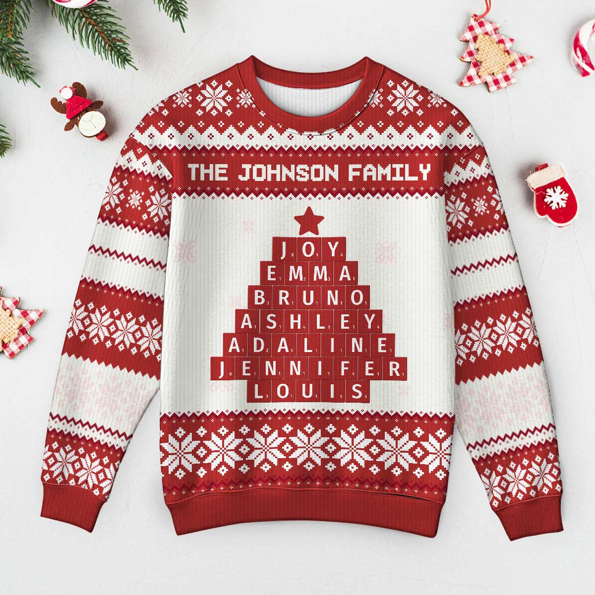 Unique Word Art Family Member Names Personalized Faux Knitting Ugly Sweater - Image 2