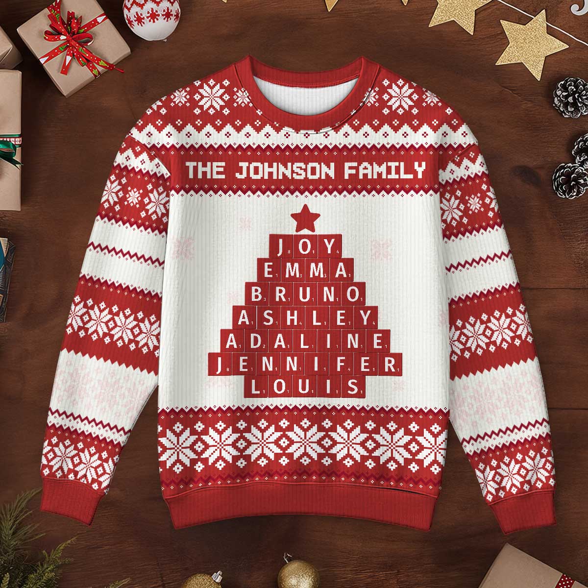 Unique Word Art Family Member Names Personalized Faux Knitting Ugly Sweater - Image 3