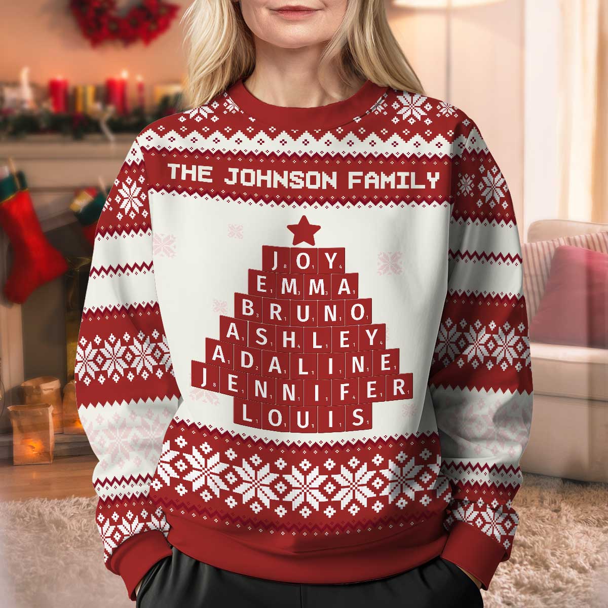 Unique Word Art Family Member Names Personalized Faux Knitting Ugly Sweater - Image 4