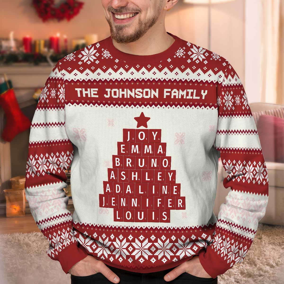 Unique Word Art Family Member Names Personalized Faux Knitting Ugly Sweater - Image 5