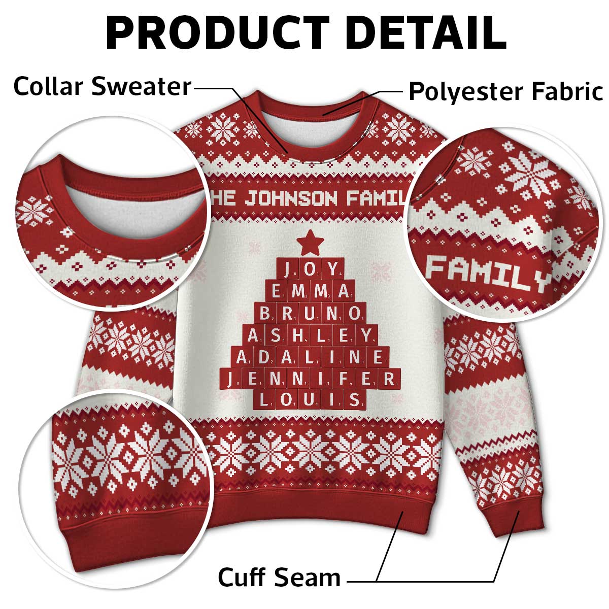 Unique Word Art Family Member Names Personalized Faux Knitting Ugly Sweater - Image 7