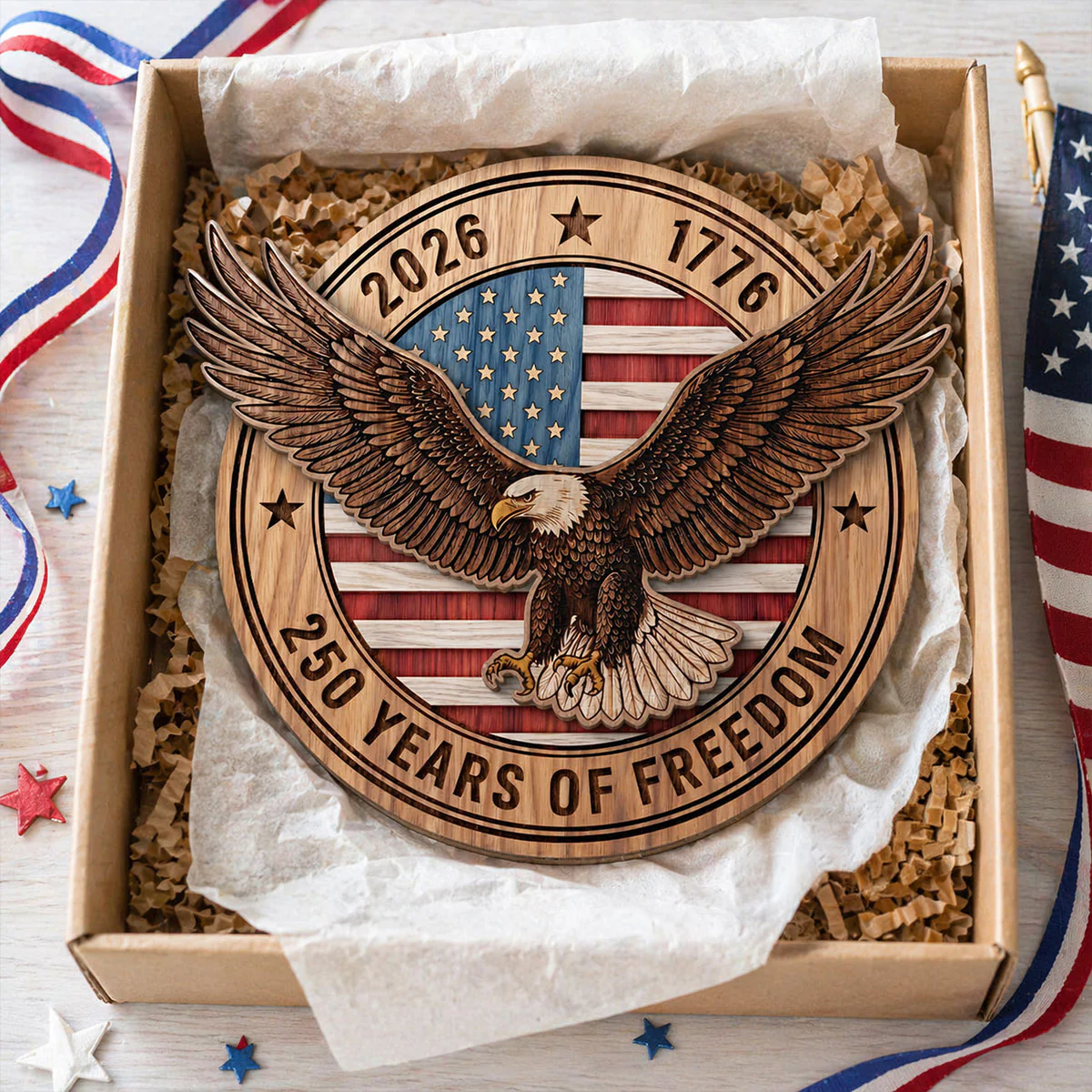 United States 250th Anniversary Eagle & American Flag - Personalized 2-Layered Wooden Plaque - America 250th Anniversary Emblem American Patriot Home Decor - Image 2
