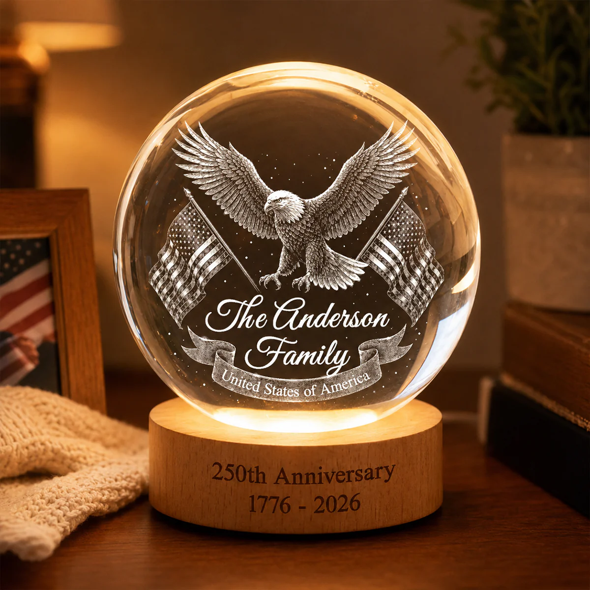 United States of America 250th Anniversary - Personalized Crystal Ball LED Night Light - Custom Family Name - Image 2