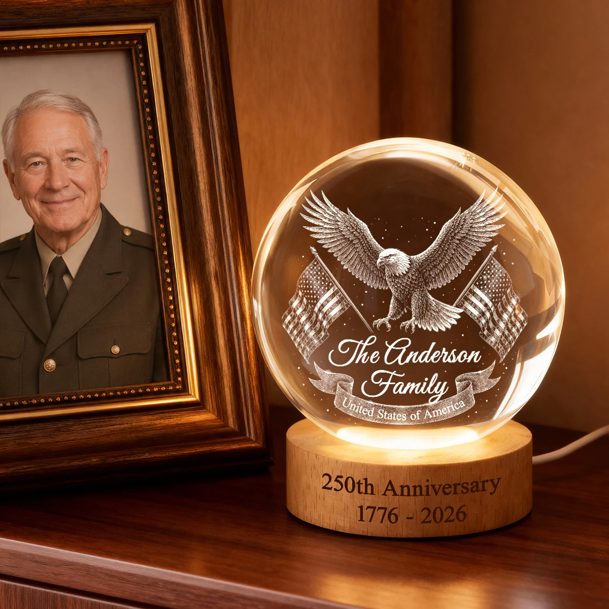 United States of America 250th Anniversary - Personalized Crystal Ball LED Night Light - Custom Family Name - Image 6