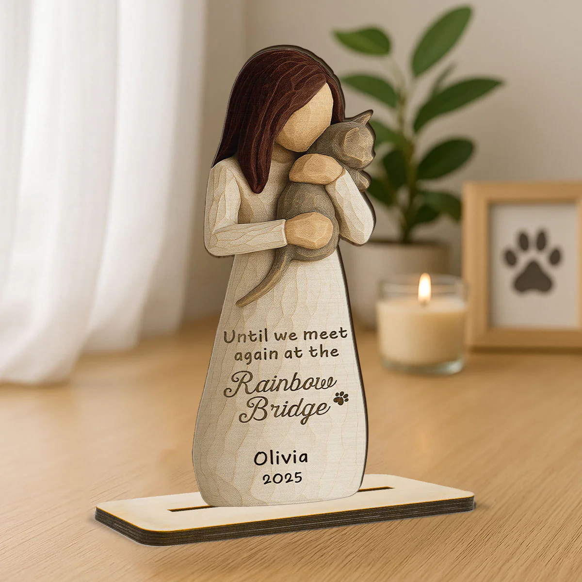 Until We Meet At Rainbow Bridge Woman & Cat 3D Effect Personalized Standing Wooden Plaque, Memorial Sympathy Gift - Image 2