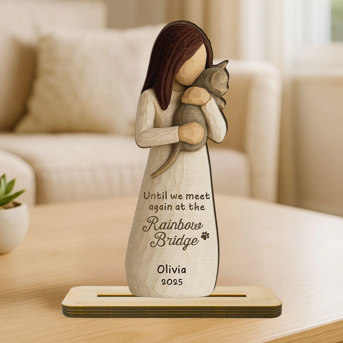 Until We Meet At Rainbow Bridge Woman & Cat 3D Effect Personalized Standing Wooden Plaque, Memorial Sympathy Gift - Image 3