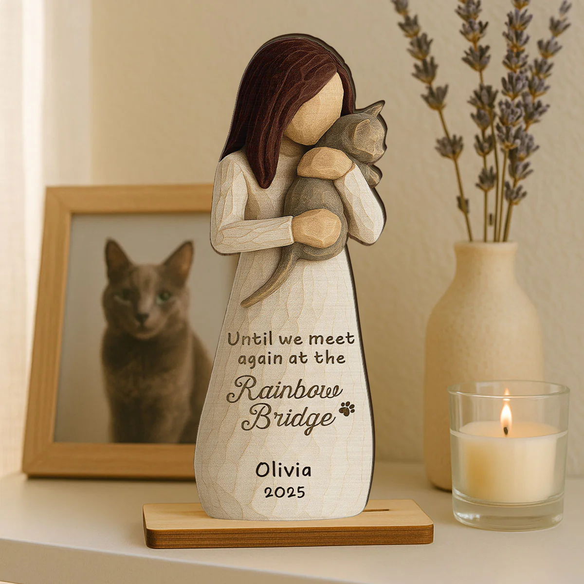 Until We Meet At Rainbow Bridge Woman & Cat 3D Effect Personalized Standing Wooden Plaque, Memorial Sympathy Gift - Image 4