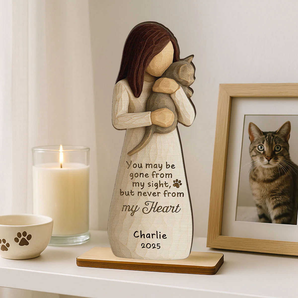 Until We Meet At Rainbow Bridge Woman & Cat 3D Effect Personalized Standing Wooden Plaque, Memorial Sympathy Gift - Image 8