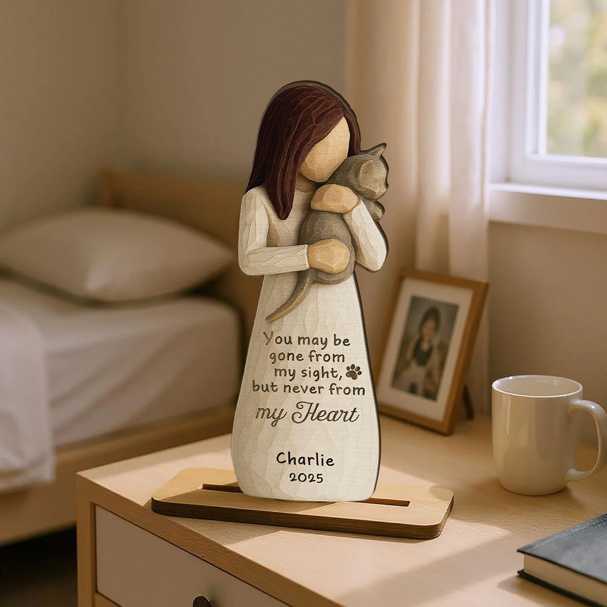 Until We Meet At Rainbow Bridge Woman & Cat 3D Effect Personalized Standing Wooden Plaque, Memorial Sympathy Gift - Image 9