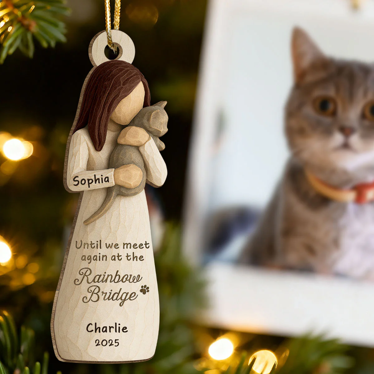 Until We Meet At Rainbow Bridge Woman & Cat 3D Effect - Personalized Wooden Ornament - Memorial Keepsake - Image 7