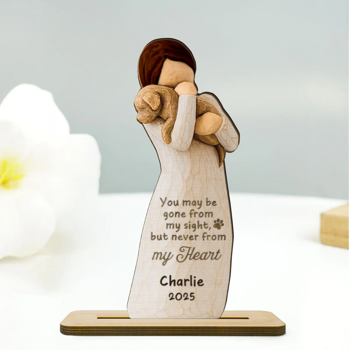 Until We Meet At Rainbow Bridge Woman & Dog 3D Effect Personalized Standing Wooden Plaque, Memorial Sympathy Gift - Image 10